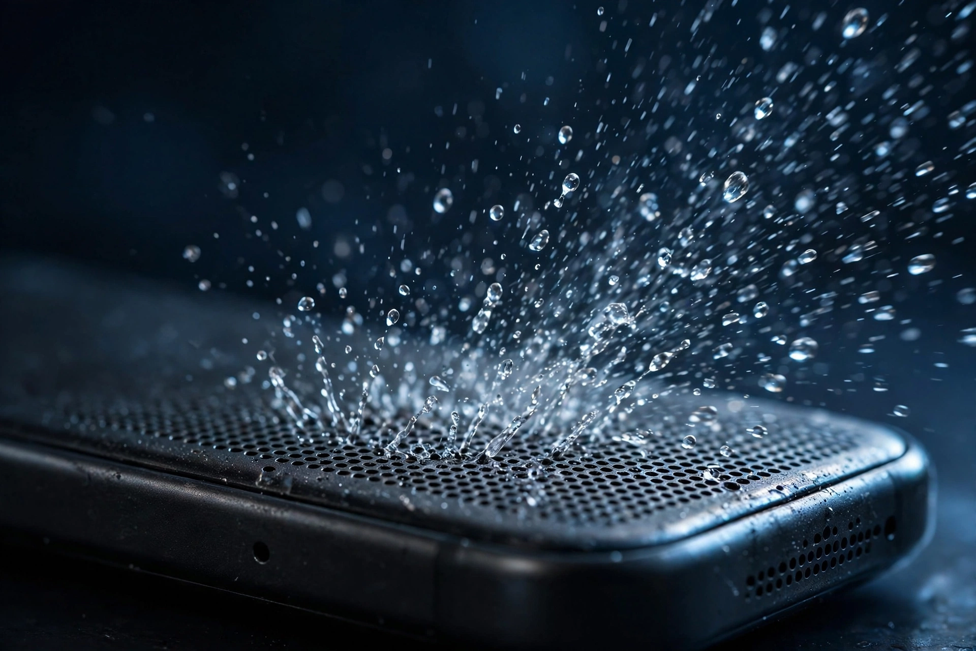 Wassertropfen werden aus dem Handy-Lautsprecher geschleudert